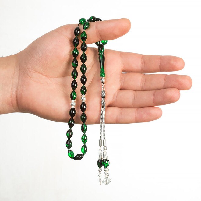 Green rosary made of pressed amber cut with barley wood - 3