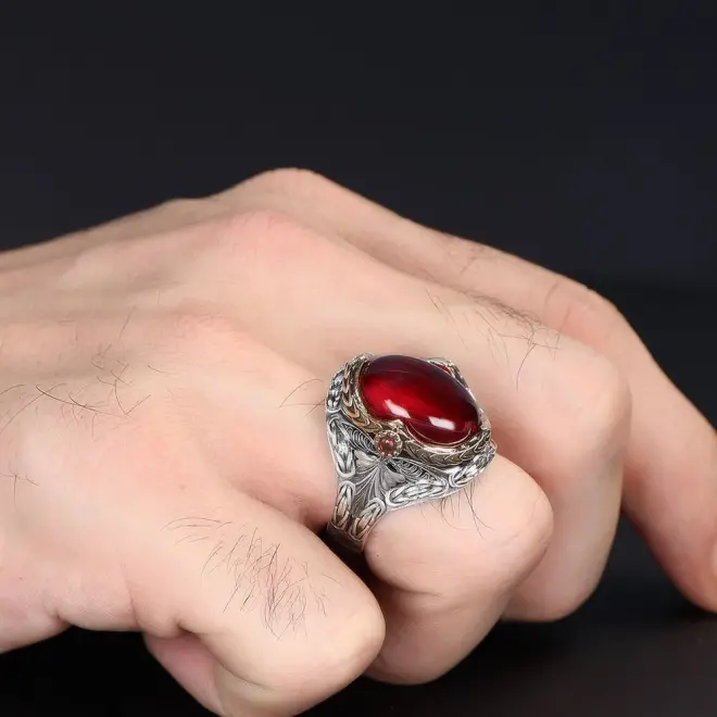 Tesbihevim King Chain Design Red Zircon Stone 925 Sterling Silver Men's Ring - 2