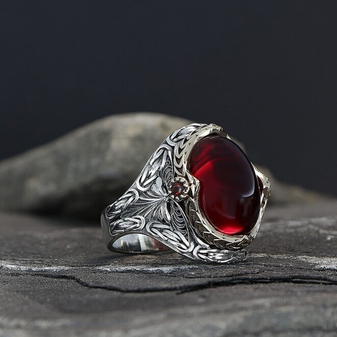 Tesbihevim King Chain Design Red Zircon Stone 925 Sterling Silver Men's Ring - 1