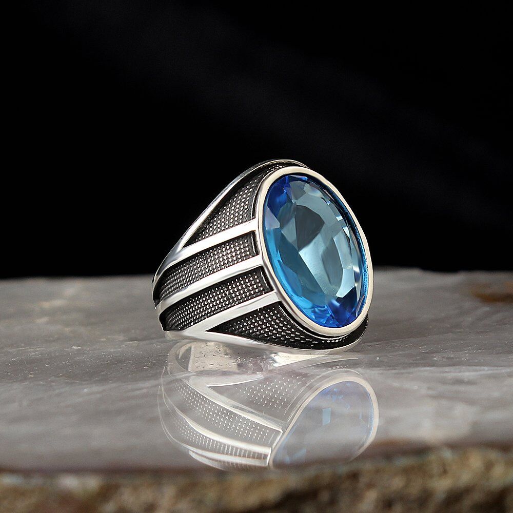 Kristal Kesim Blue Topaz Taşlı 925 Ayar Gümüş Erkek Yüzük - 1