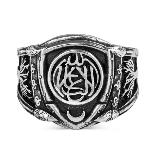 La Galibe Illallah Written Tree of Life Motif Sterling Silver Men's Ring - 1