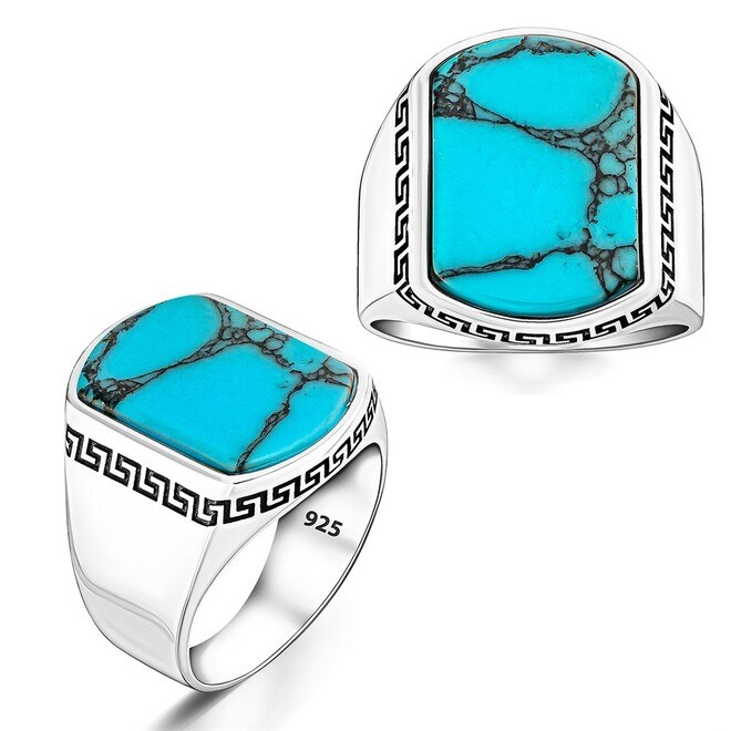 Light Engraved Ring with turquoise stone - Silver Ring for Men - 1