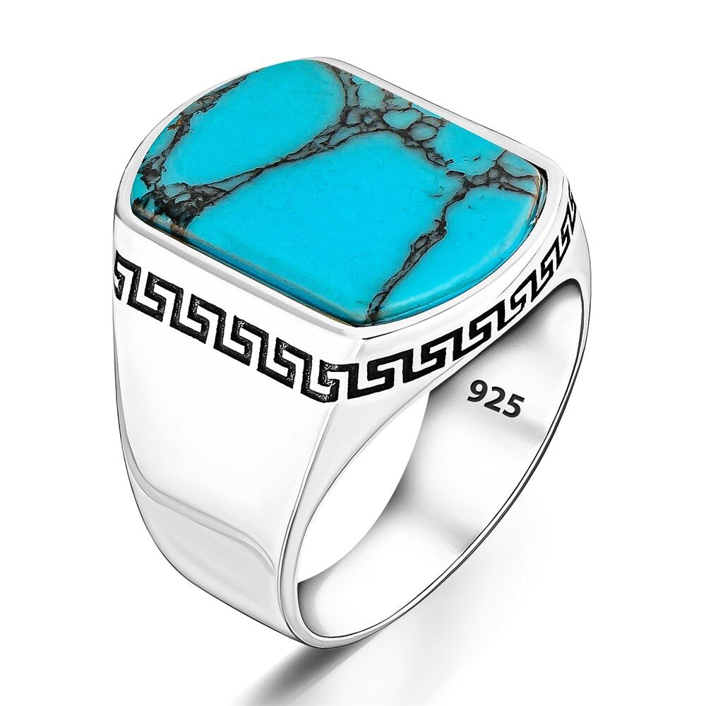 Light Engraved Ring with turquoise stone - Silver Ring for Men - 2