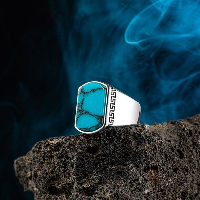 Light Engraved Ring with turquoise stone - Silver Ring for Men - 4