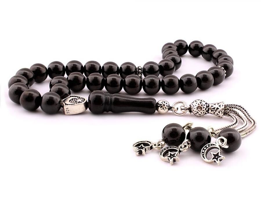 Lignite rosary with a silver tassel bearing the symbols of the moon star - 1