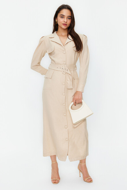 Linen shirt-style dress with belt - 1