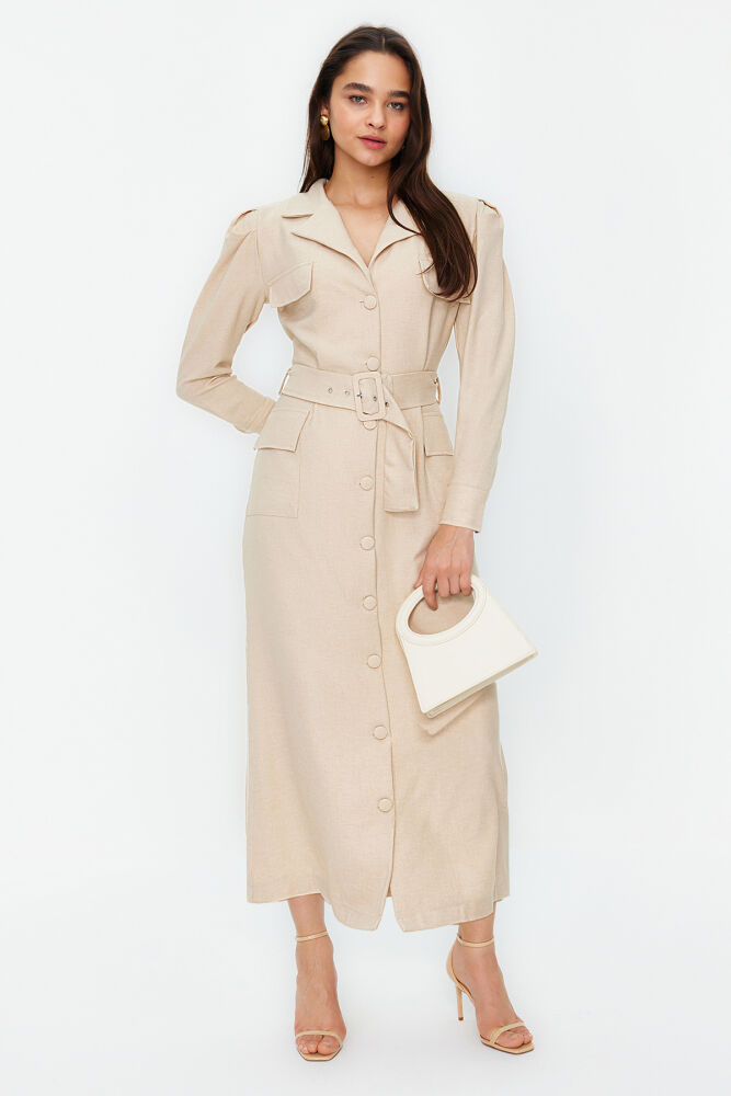 Linen shirt-style dress with belt - 1