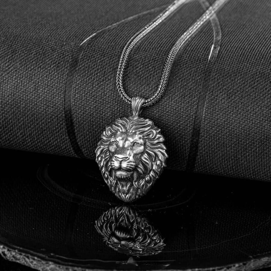 Lion Head 925 Sterling Silver Relief Men's Necklace - 4