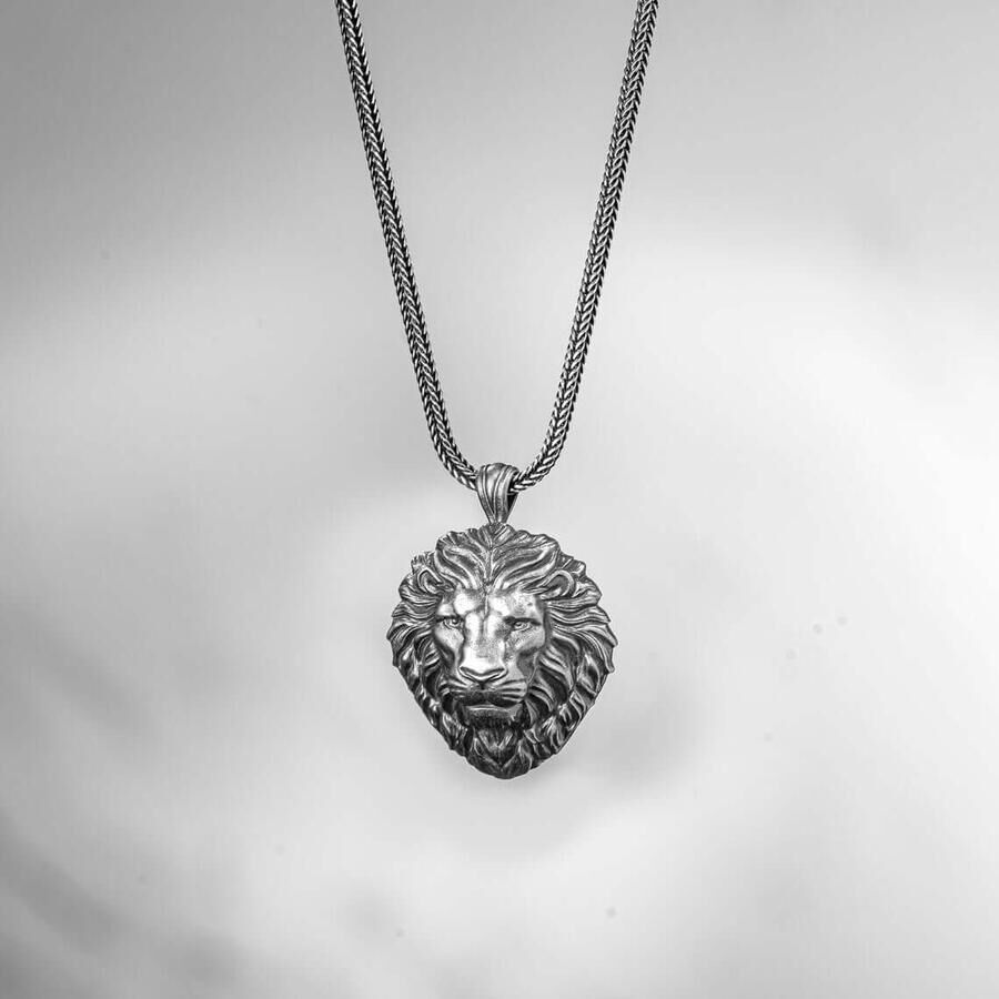 Lion Head 925 Sterling Silver Relief Men's Necklace - 1