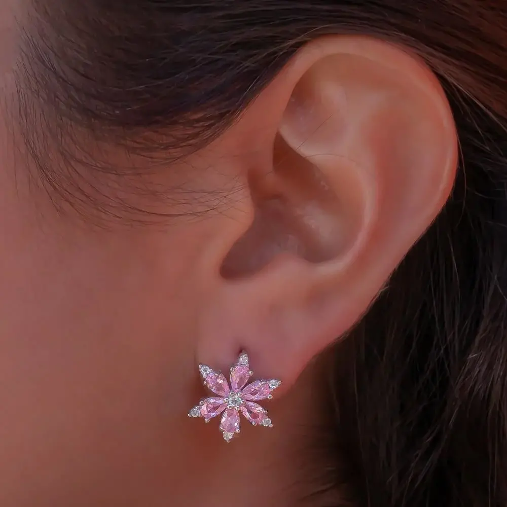 Takıhan Lotus Flower Design Pink Zircon Stone Stud 925 Sterling Silver Earrings﻿ - 1