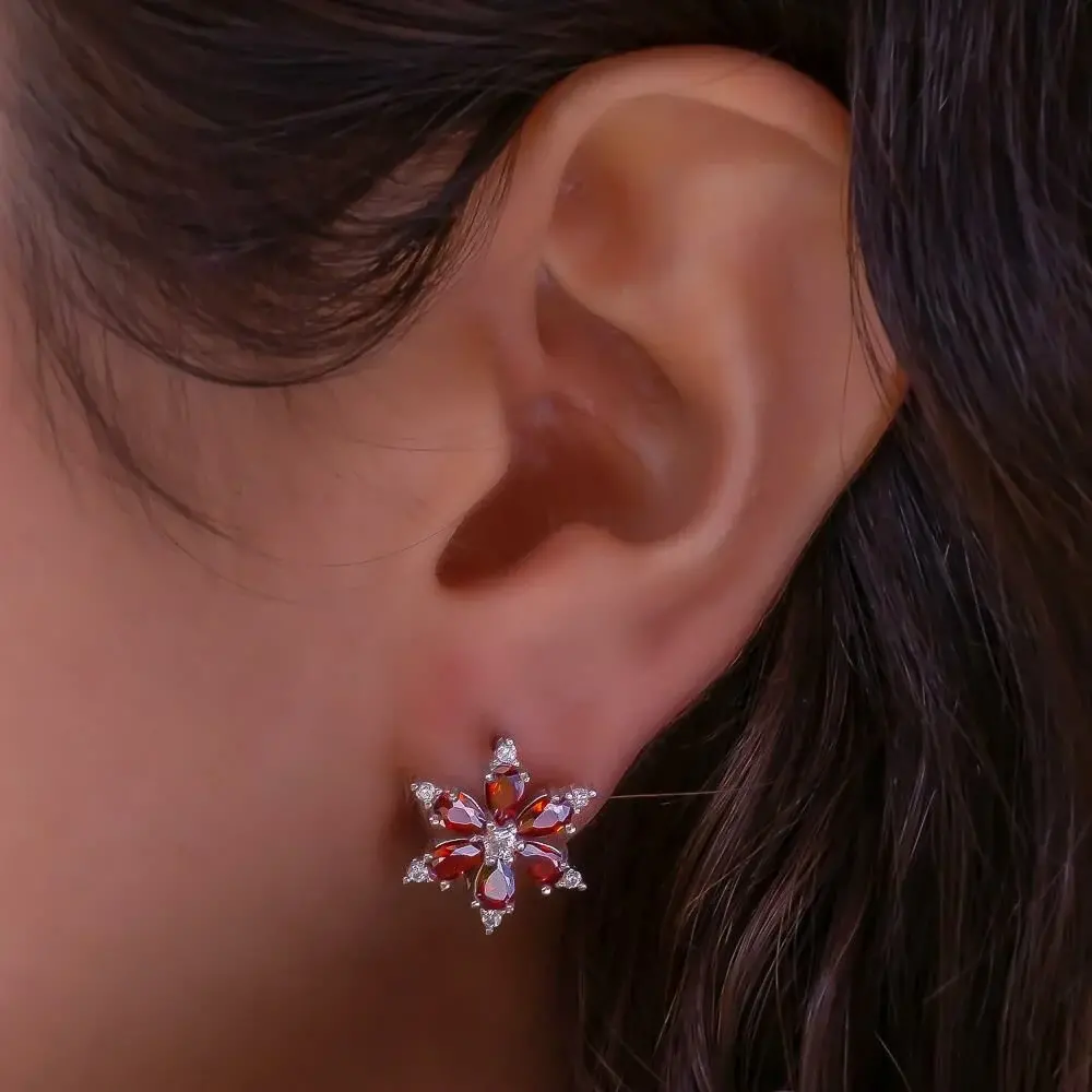 Takıhan Lotus Flower Design with Red and White Stones Rose Gold Plated 925 Sterling Silver Earrings - 1