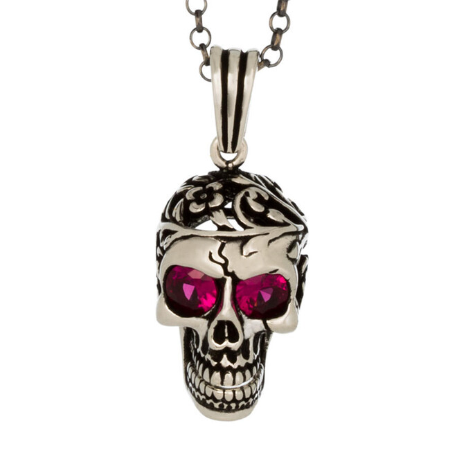 Men's 925 Sterling Silver Pink Stone Skull Necklace with Chain Model2 - 1