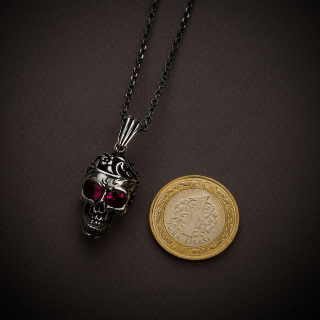 Men's 925 Sterling Silver Pink Stone Skull Necklace with Chain Model2 - 2