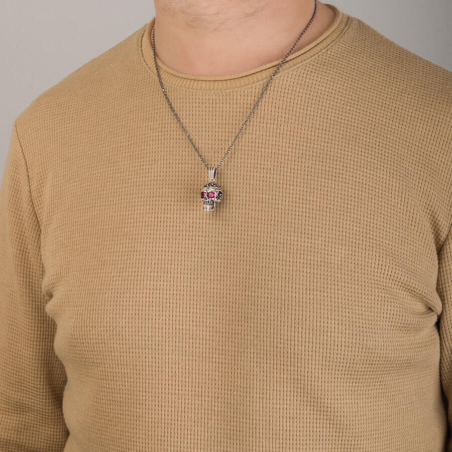 Men's 925 Sterling Silver Pink Stone Skull Necklace with Chain Model2 - 3