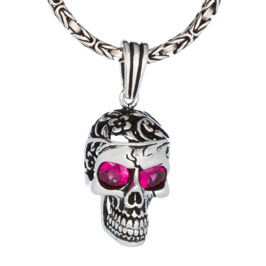 Men's 925 Sterling Silver Pink Stone Skull Necklace With King Chain - 1