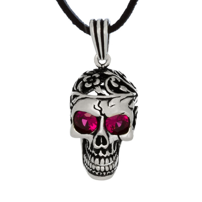 Men's 925 Sterling Silver Pink Stone Skull Necklace with Leather Cord - 1