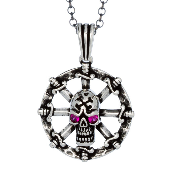 Men's 925 Sterling Silver Sword Motif Pink Stone Skull Necklace With Chain Model2 - 1