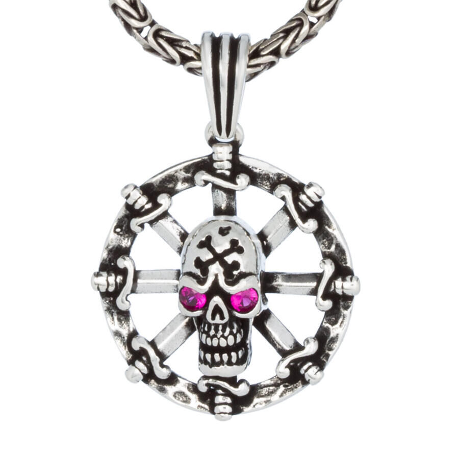 Men's 925 Sterling Silver Sword Motif Pink Stone Skull Necklace With King Chain - 1