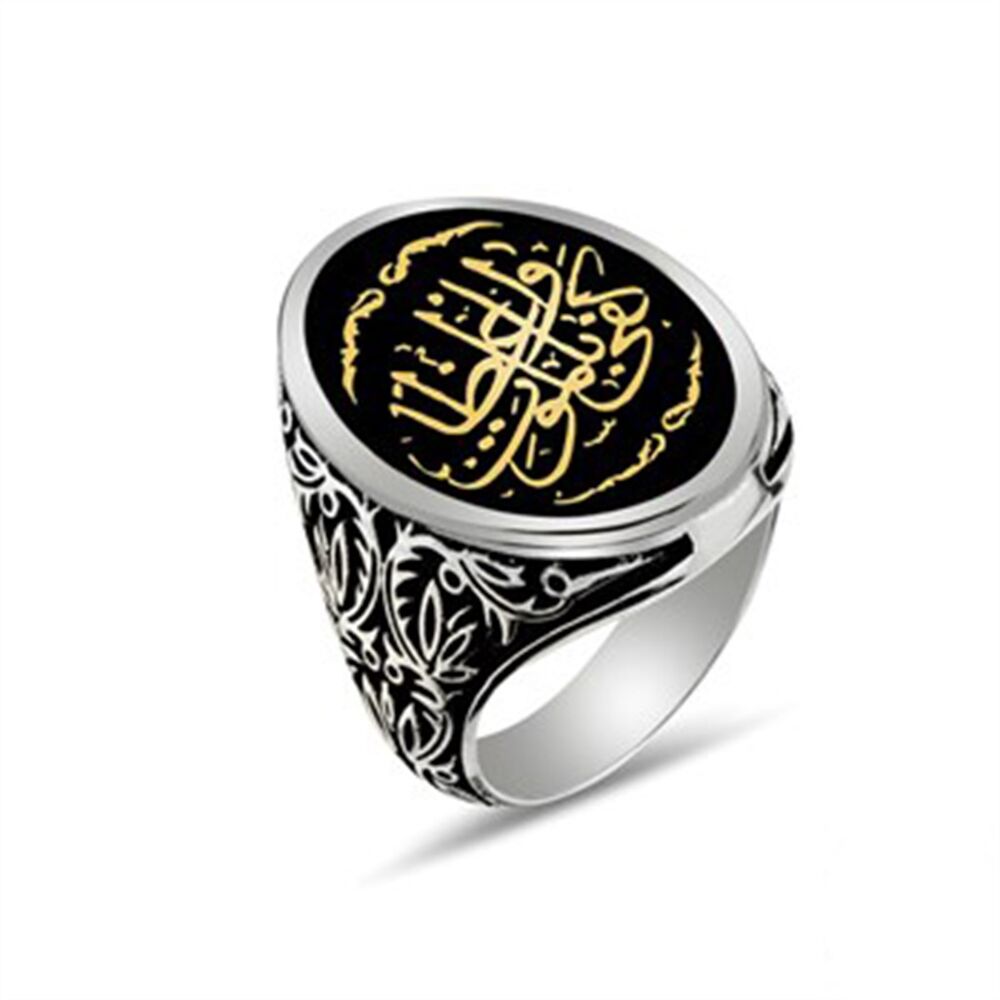 Men's oval sterling silver ring engraved on the edges of the ring (Death is enough for a preacher) in Arabic - 1