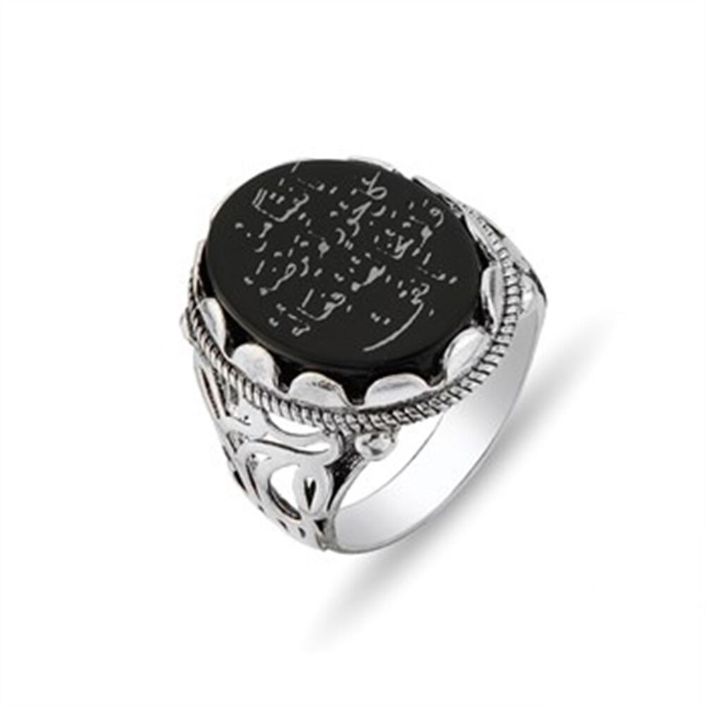 Men's ring of sterling silver with black agate stone from Al-Arbini Al-Idrisi printed on 15 of the honorable names - 1