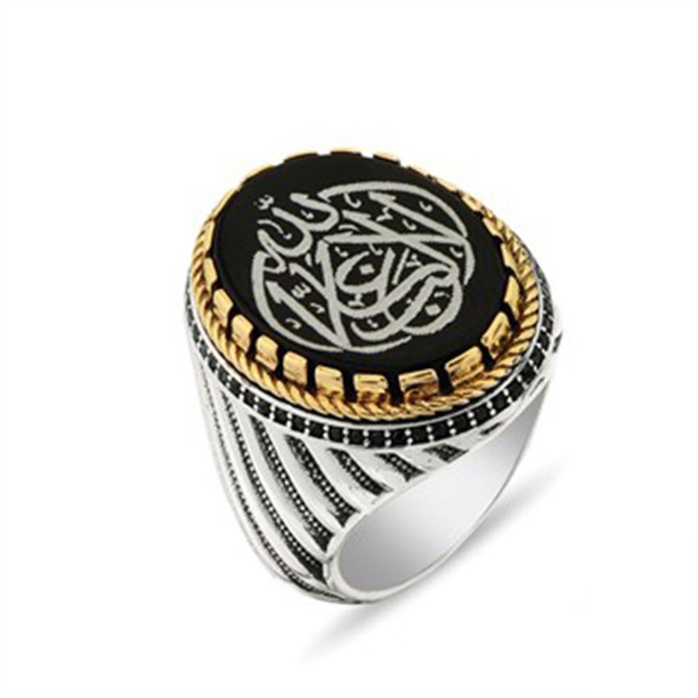 Men's ring, sterling silver, agate and zircon black color written on it (There is no victor but Allah) - 1