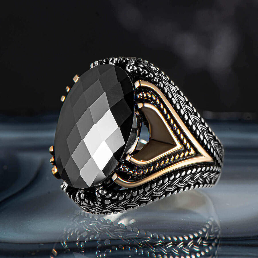 Mens Ring with Zircon Stone in Black color - 3