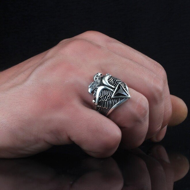 Mens Rings with Double Headed Eagle Design with Black Zircon - 1