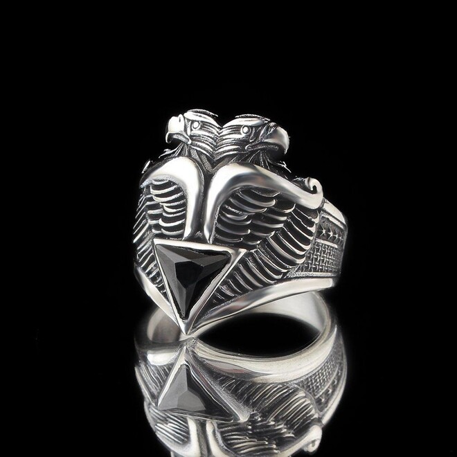 Mens Rings with Double Headed Eagle Design with Black Zircon - 2