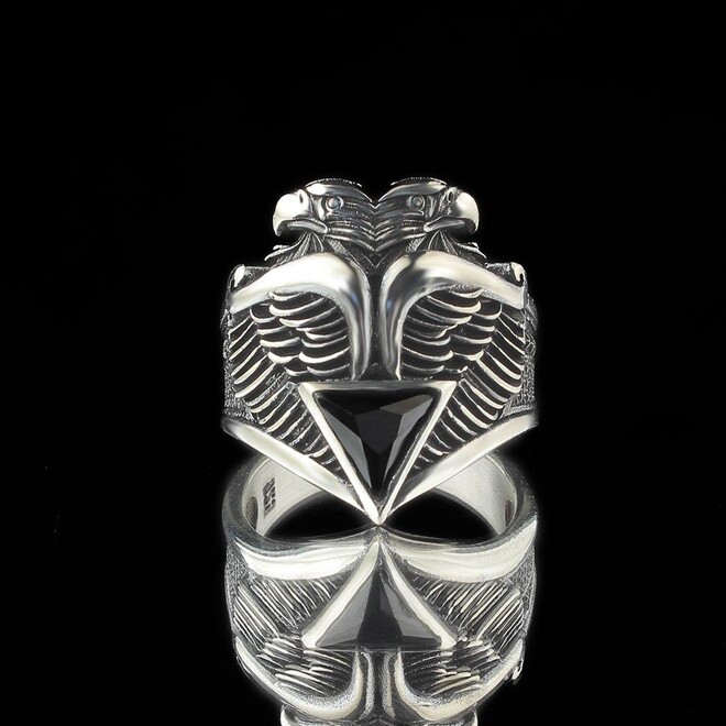 Mens Rings with Double Headed Eagle Design with Black Zircon - 3