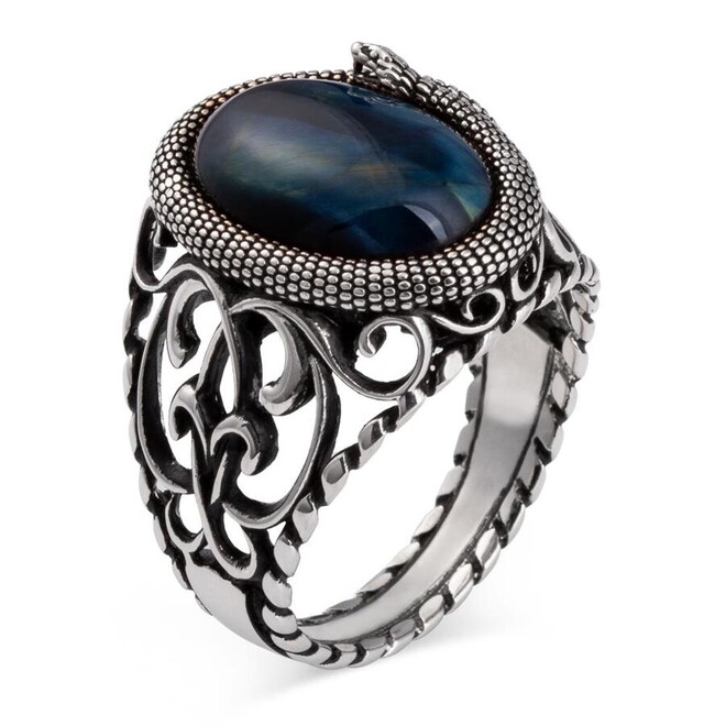 Mens Rings with Tigers eye Stone in Blue Color - 2