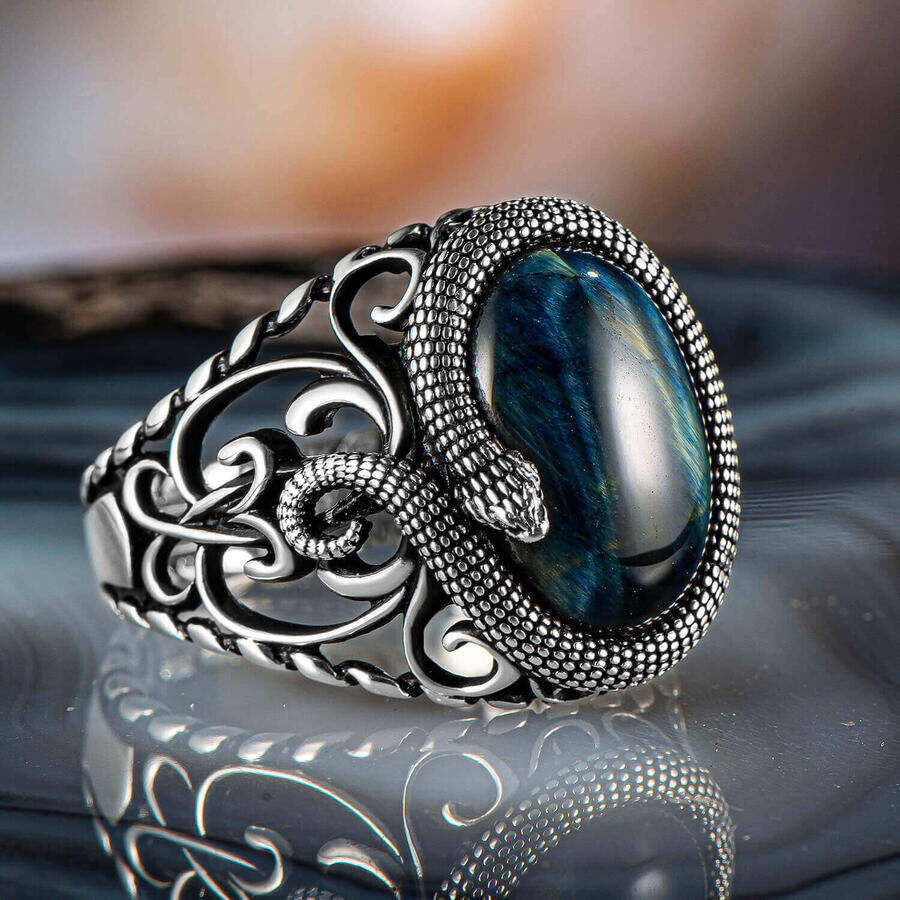 Mens Rings with Tigers eye Stone in Blue Color - 1