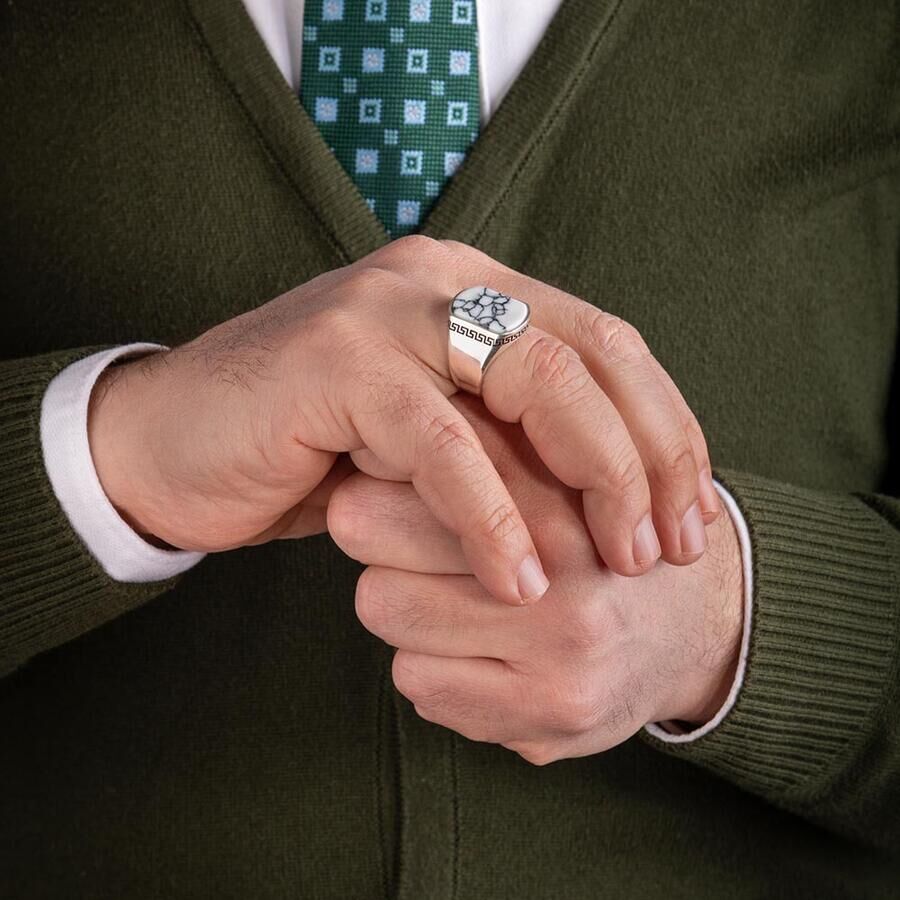 Mens Rings with Tutquoise Stone in White color - 2