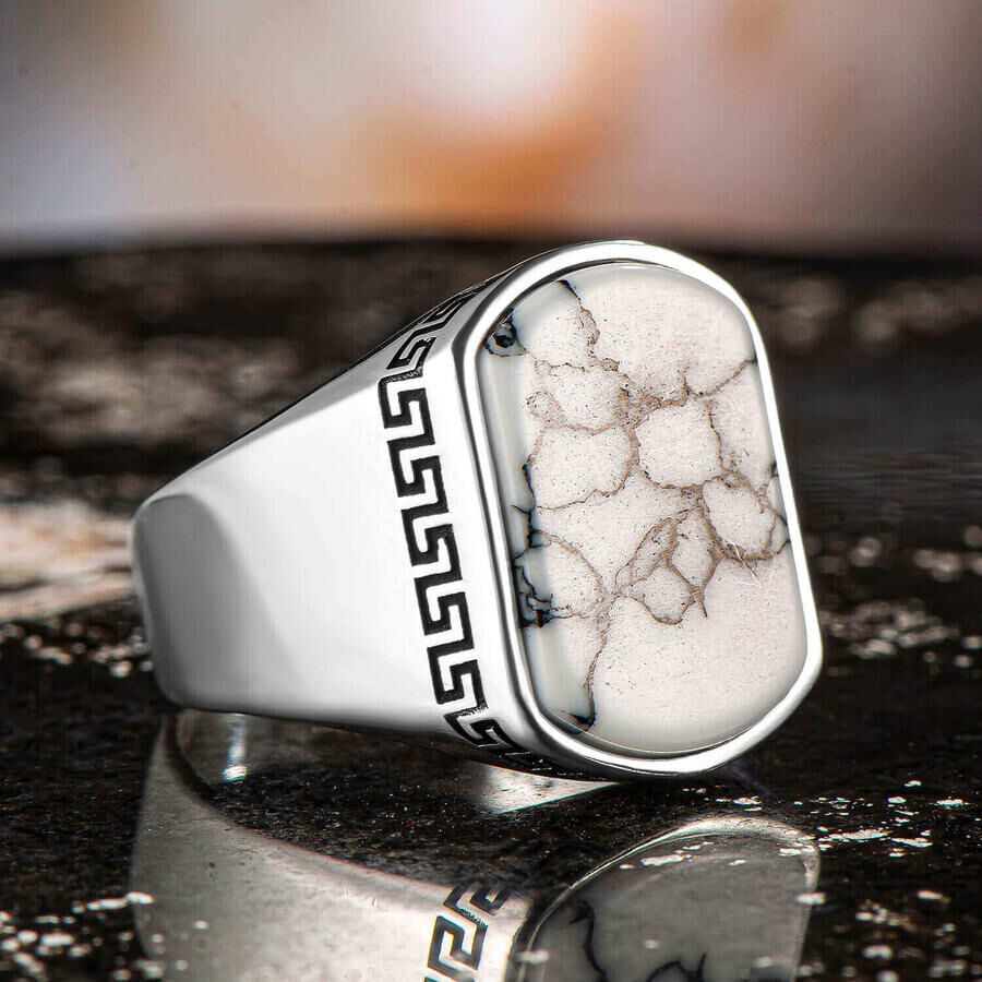 Mens Rings with Tutquoise Stone in White color - 3