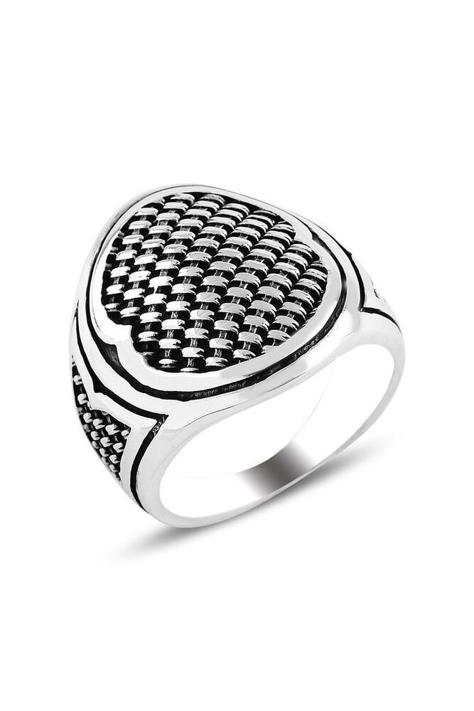 Mens silver oval engraved threaded ring - 1