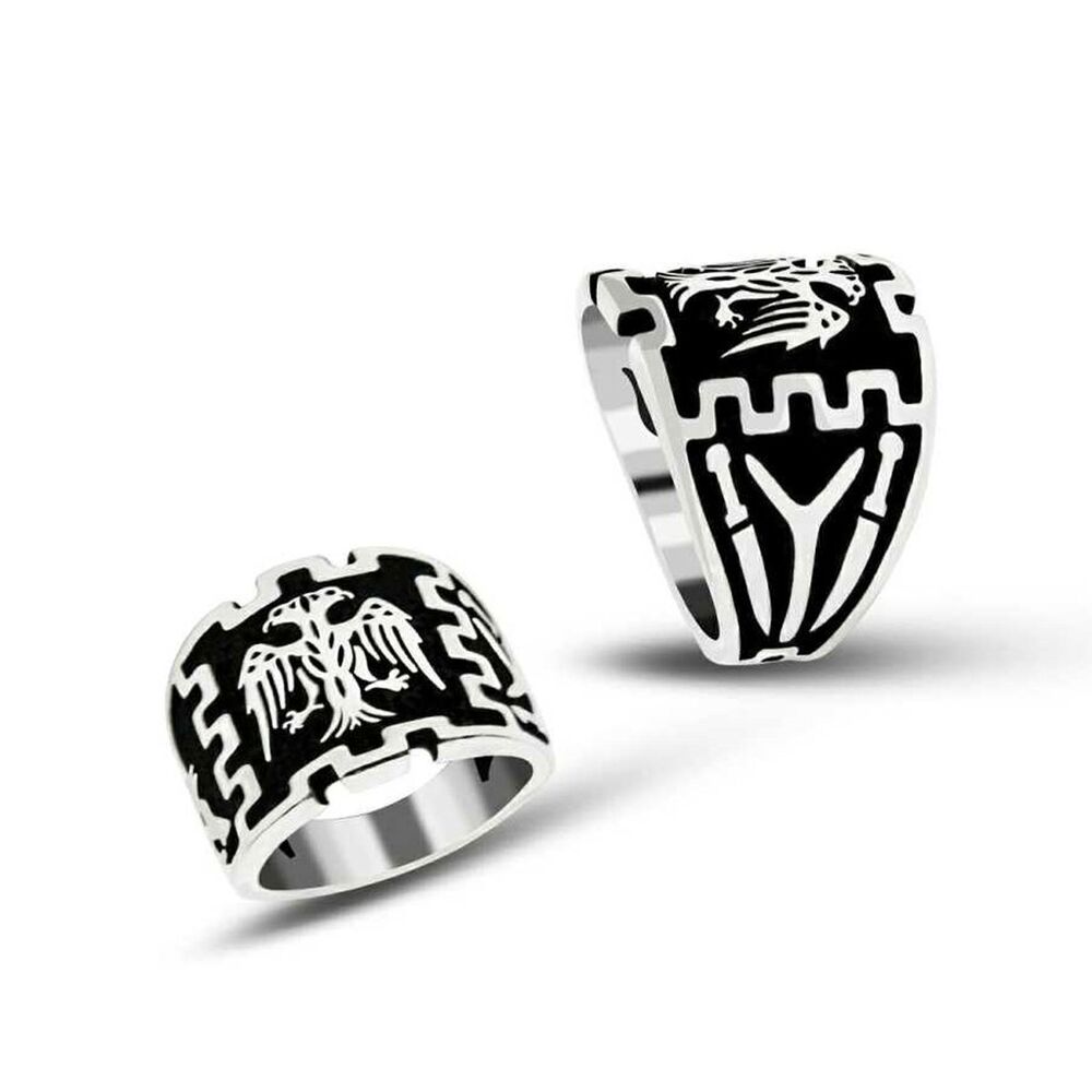 Men's silver ring, engraved with eagle with double Cai symbol - 1