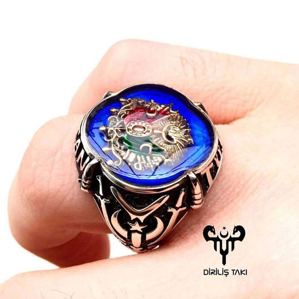 Men's Silver Ring, Plated With Blue Enamel, With an Ottoman Design, - 1