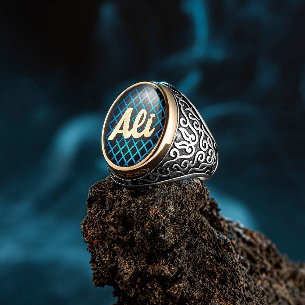 Men's Silver Ring with Blue Enamel Stone. - 1