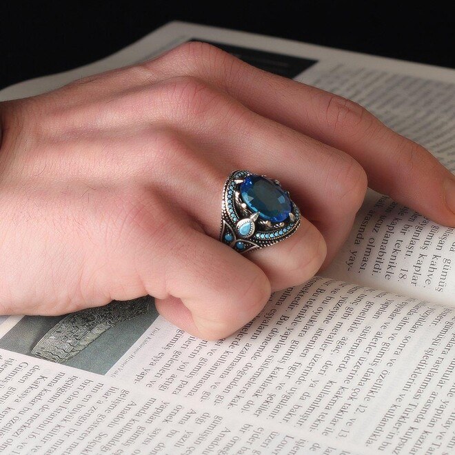 Men's silver ring with a distinctive design with topaz stone - 2