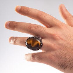 Men's silver ring with a large tiger's eye stone engraved with the name of the Ottoman Sultan - 3