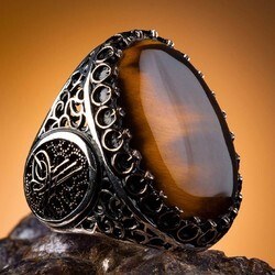 Men's silver ring with a large tiger's eye stone engraved with the name of the Ottoman Sultan - 4