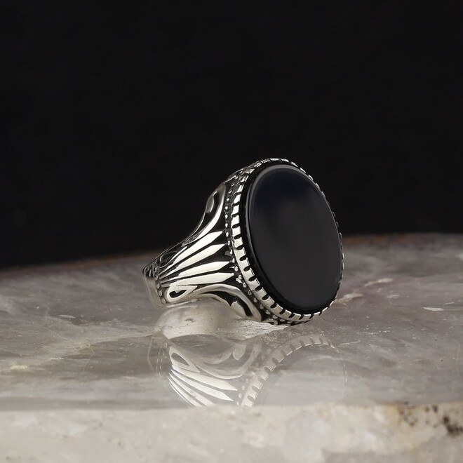 Men's Silver Ring with a Round Onyx Stone - 1