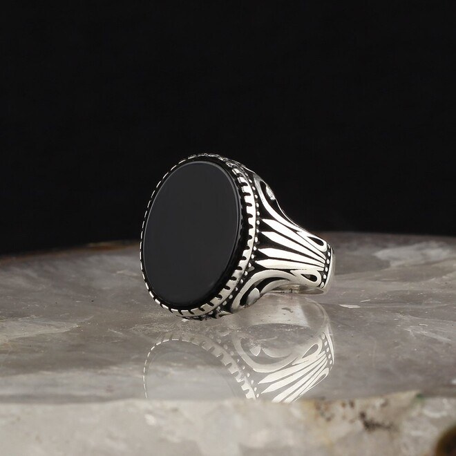 Men's Silver Ring with a Round Onyx Stone - 2