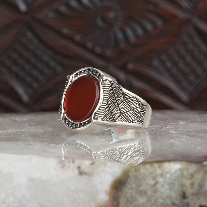 Mens Silver Ring with Agate Stone - 2