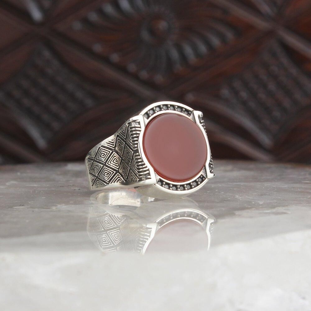 Mens Silver Ring with Agate Stone - 1