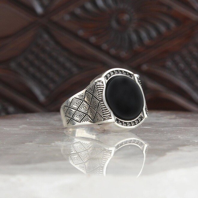 Mens Silver Ring with Onyx Stone - 1