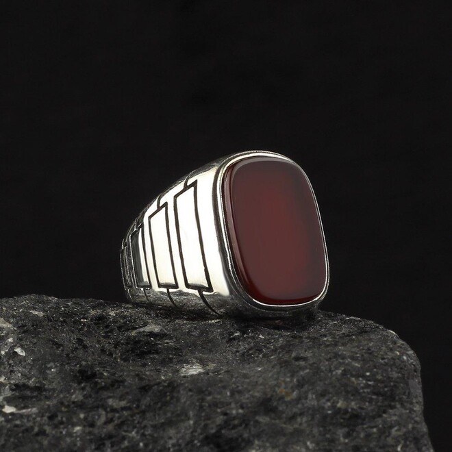 Men's silver ring with a simple agate stone - 5