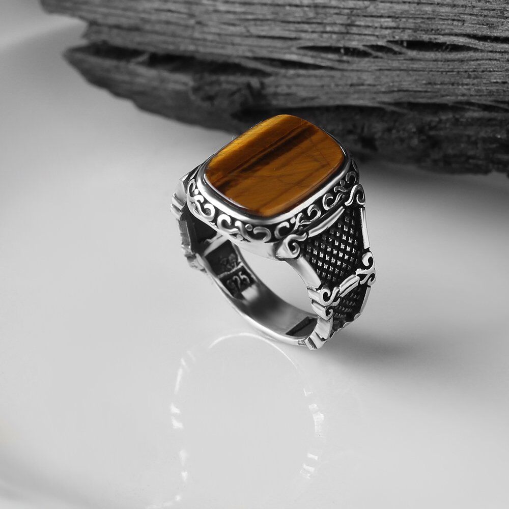 Men's silver ring with a square-shaped tiger's eye stone - 1