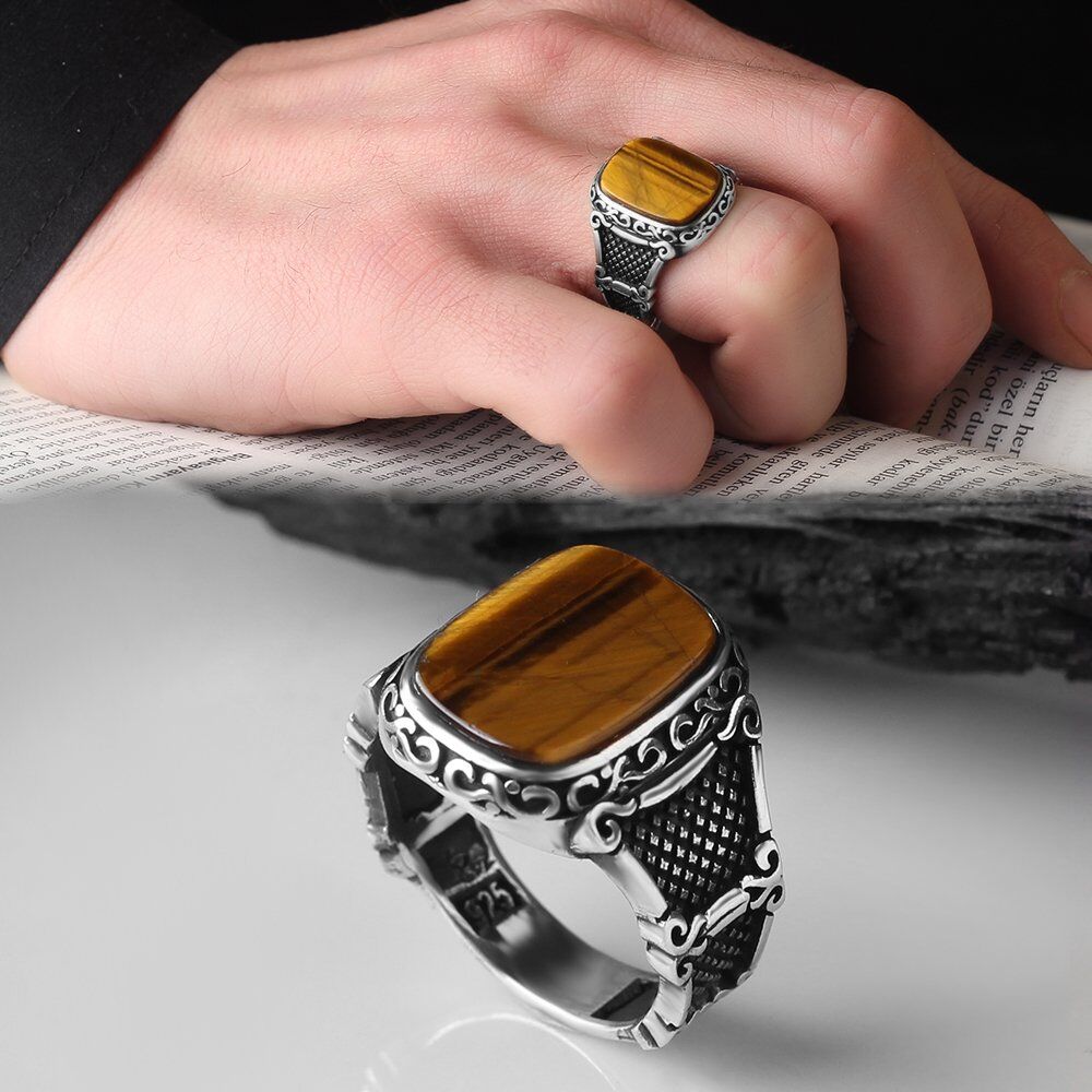 Men's silver ring with a square-shaped tiger's eye stone - 2