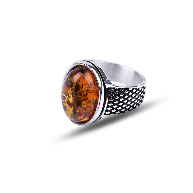 Men's silver ring with amber stone studded with diamonds - 2