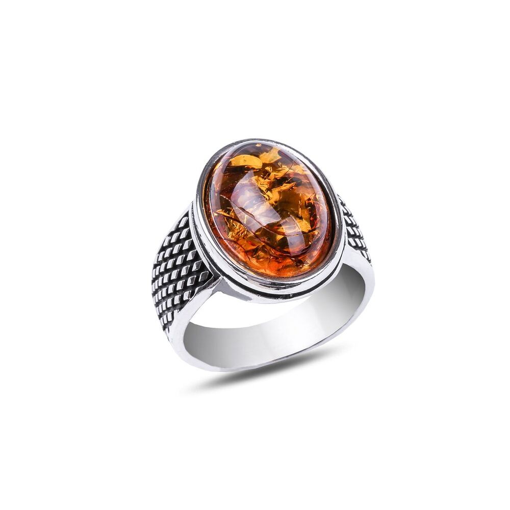 Men's silver ring with amber stone studded with diamonds - 1